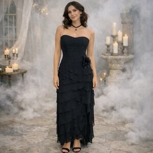 Kay Unger Black Silk Strapless Ruffle Whimsigoth Dress 6